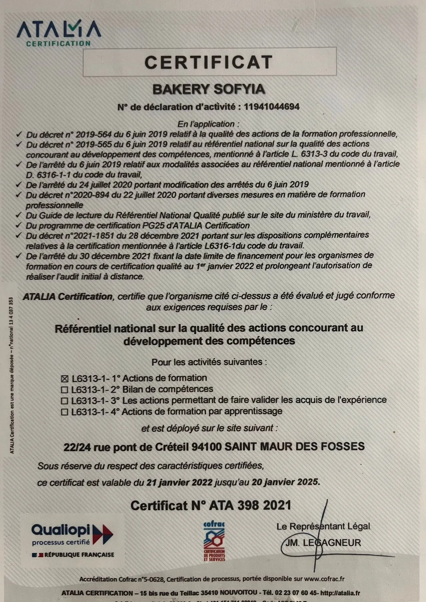 certificat qualiopi sofyia bakery